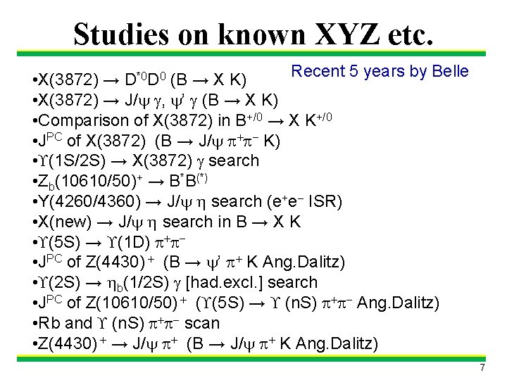 Studies on known XYZ etc. Recent 5 years by Belle • X(3872) → D*0