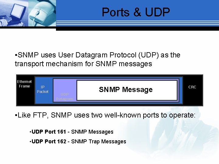 Ports & UDP • SNMP uses User Datagram Protocol (UDP) as the transport mechanism