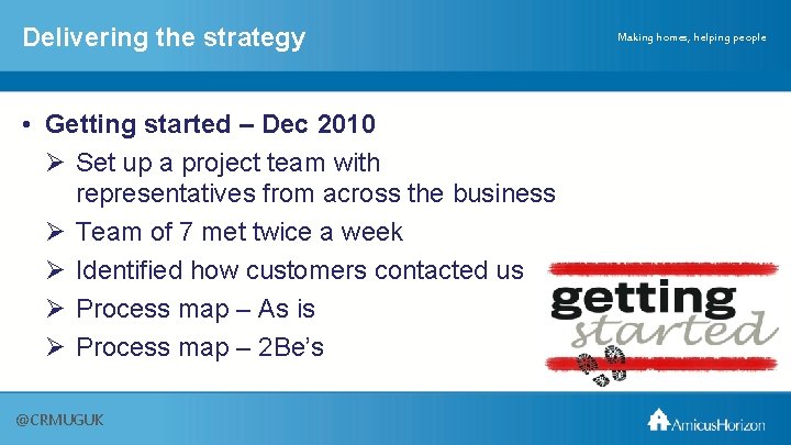 Delivering the strategy • Getting started – Dec 2010 Ø Set up a project