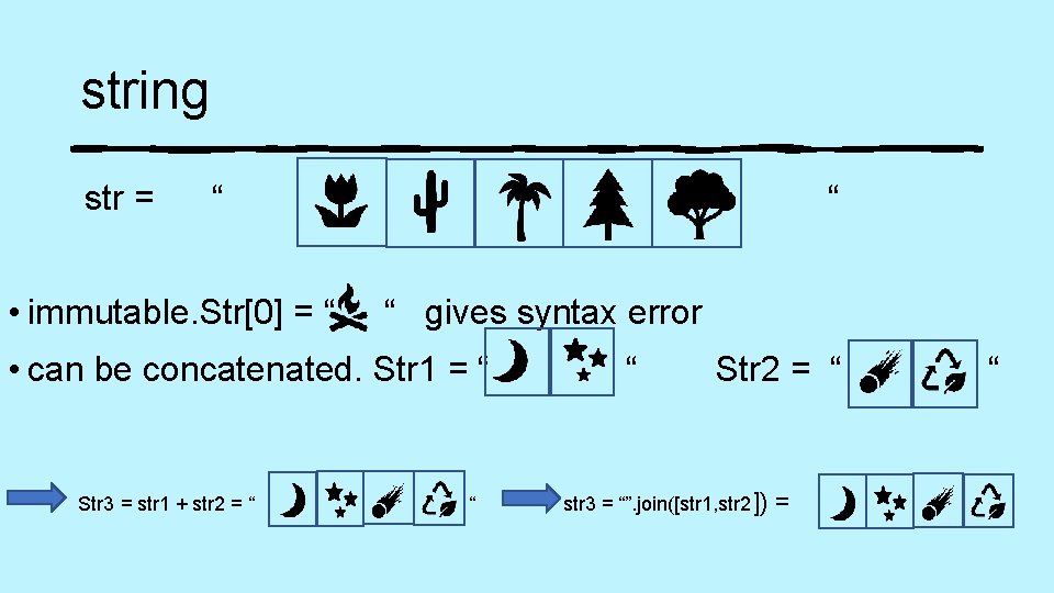 string str = “ • immutable. Str[0] = “ “ “ gives syntax error