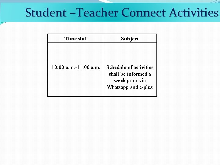 Student –Teacher Connect Activities Time slot Subject 10: 00 a. m. -11: 00 a.