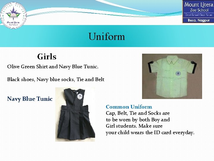 Uniform Girls Olive Green Shirt and Navy Blue Tunic. Black shoes, Navy blue socks,