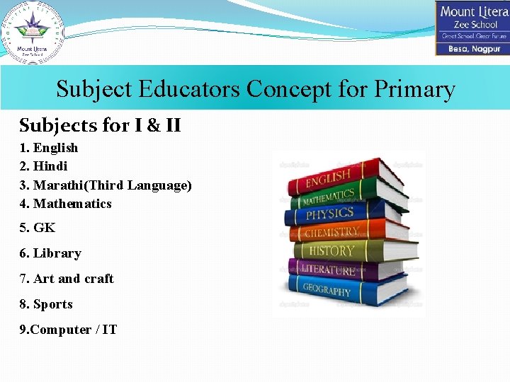 Subject Educators Concept for Primary Subjects for I & II 1. English 2. Hindi