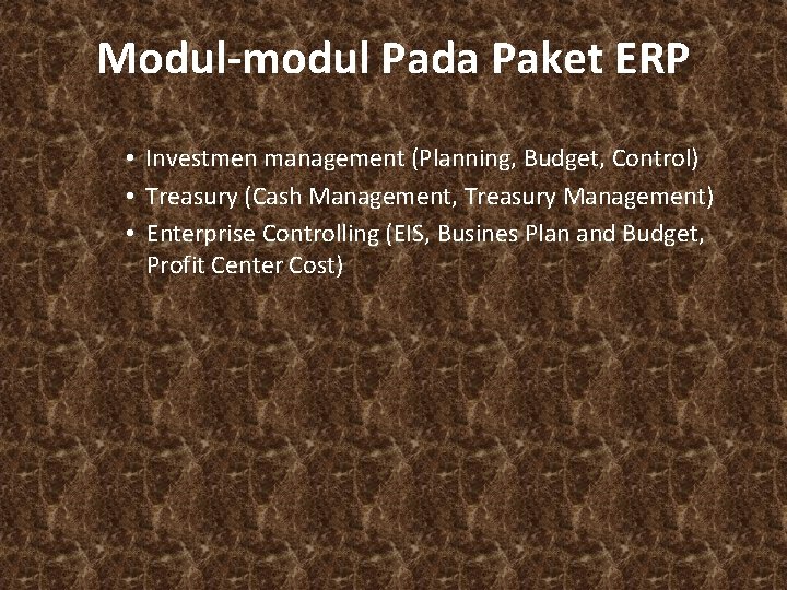 Modul-modul Pada Paket ERP • Investmen management (Planning, Budget, Control) • Treasury (Cash Management,