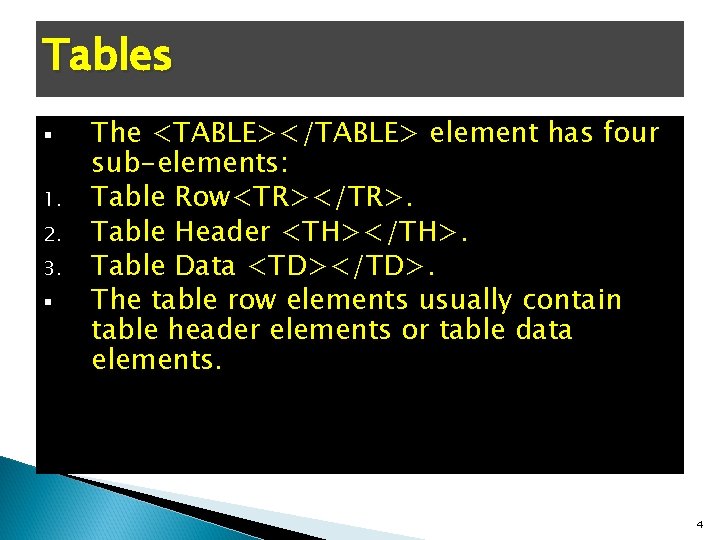 Tables § 1. 2. 3. § The <TABLE></TABLE> element has four sub-elements: Table Row<TR></TR>.