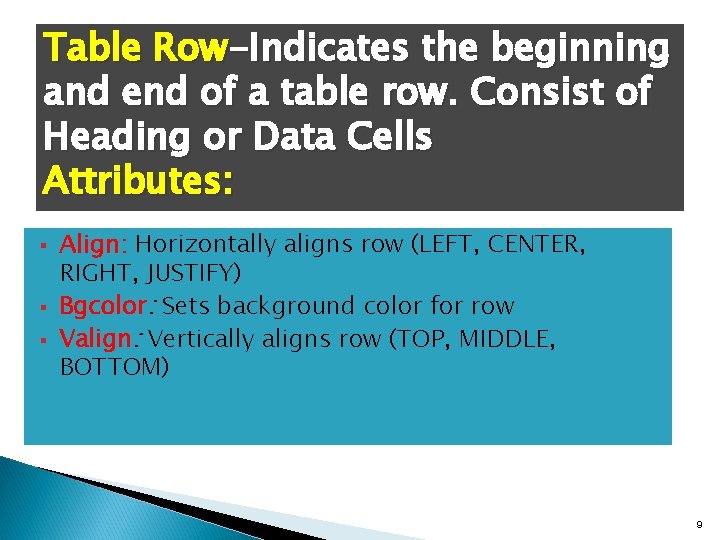 Table Row-Indicates the beginning and end of a table row. Consist of Heading or