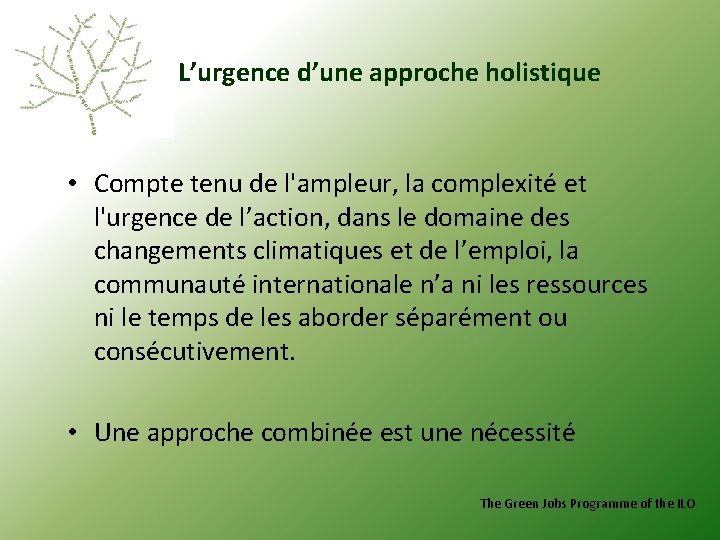 L’urgence d’une approche holistique • Compte tenu de l'ampleur, la complexité et l'urgence de