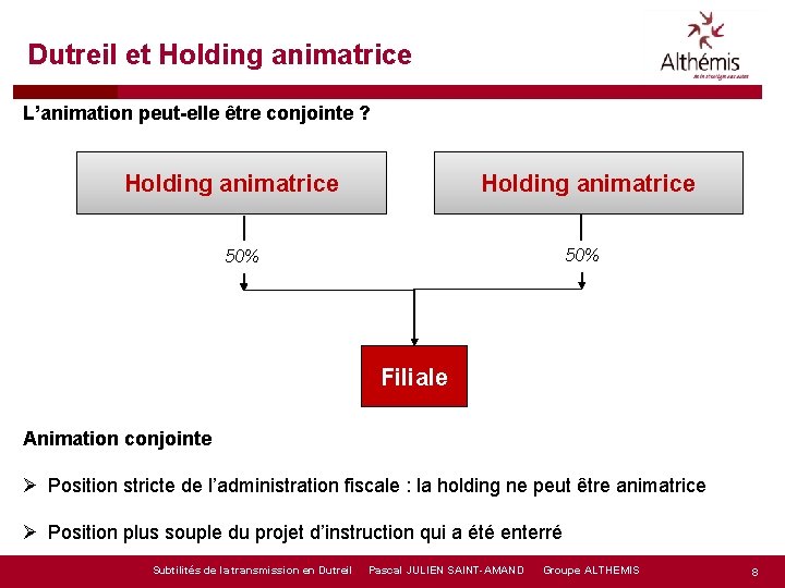 Dutreil et Holding animatrice L’animation peut-elle être conjointe ? Holding animatrice 50% Filiale Animation