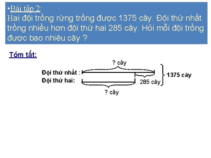  • Bài tập 2: Hai đội trồng rừng trồng được 1375 cây. Đội