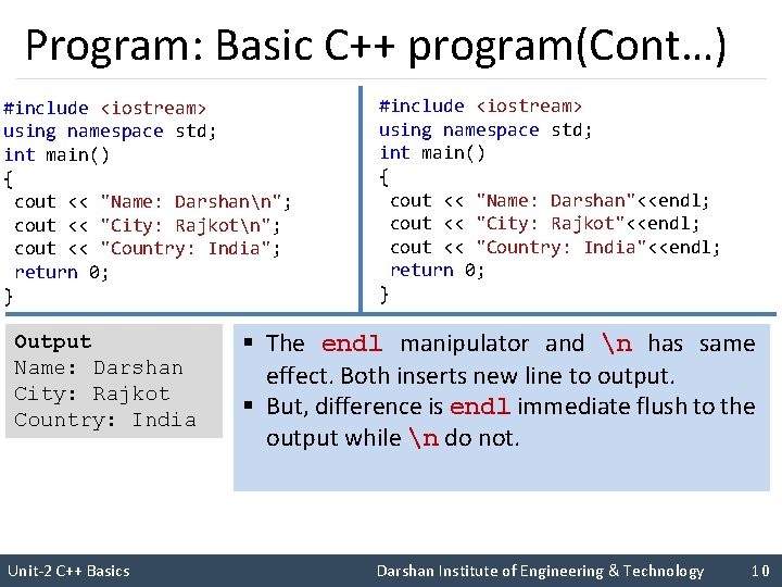 Program: Basic C++ program(Cont…) #include <iostream> using namespace std; int main() { cout <<