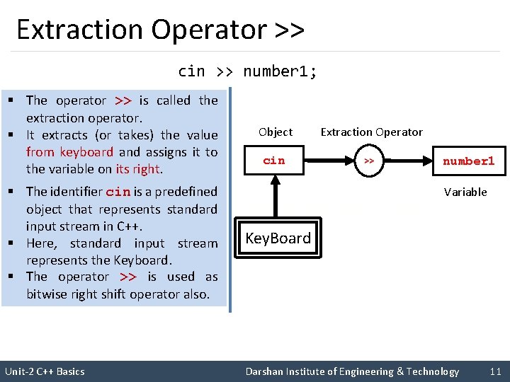 Extraction Operator >> cin >> number 1; § The operator >> is called the