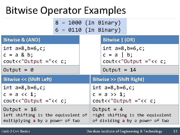 Bitwise Operator Examples 8 = 1000 (In Binary) 6 = 0110 (In Binary) Bitwise