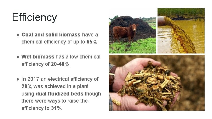 Efficiency ● Coal and solid biomass have a chemical efficiency of up to 65%