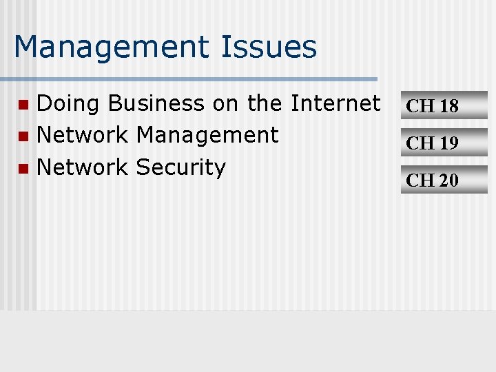 Management Issues Doing Business on the Internet n Network Management n Network Security n