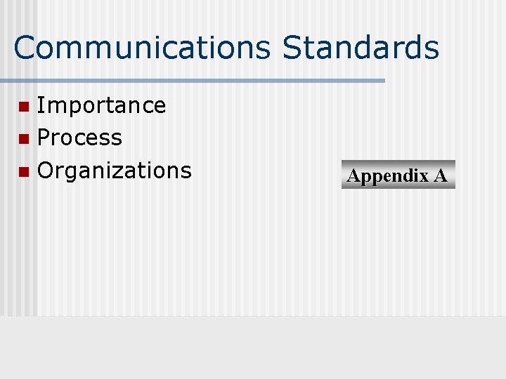 Communications Standards Importance n Process n Organizations n Appendix A 