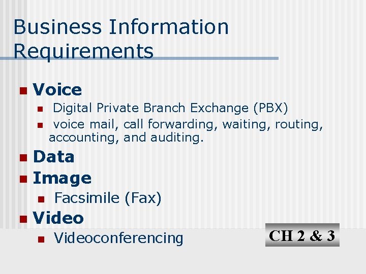 Business Information Requirements n Voice n n Digital Private Branch Exchange (PBX) voice mail,