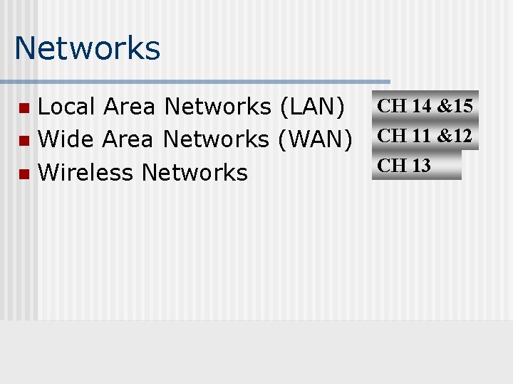 Networks Local Area Networks (LAN) n Wide Area Networks (WAN) n Wireless Networks n