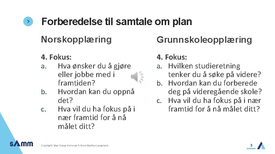 Forberedelse til samtale om plan Norskopplæring Grunnskoleopplæring 4. Fokus: a. Hva ønsker du å