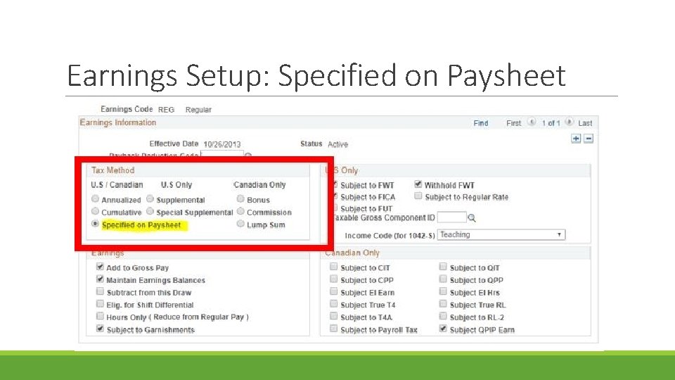 Earnings Setup: Specified on Paysheet 