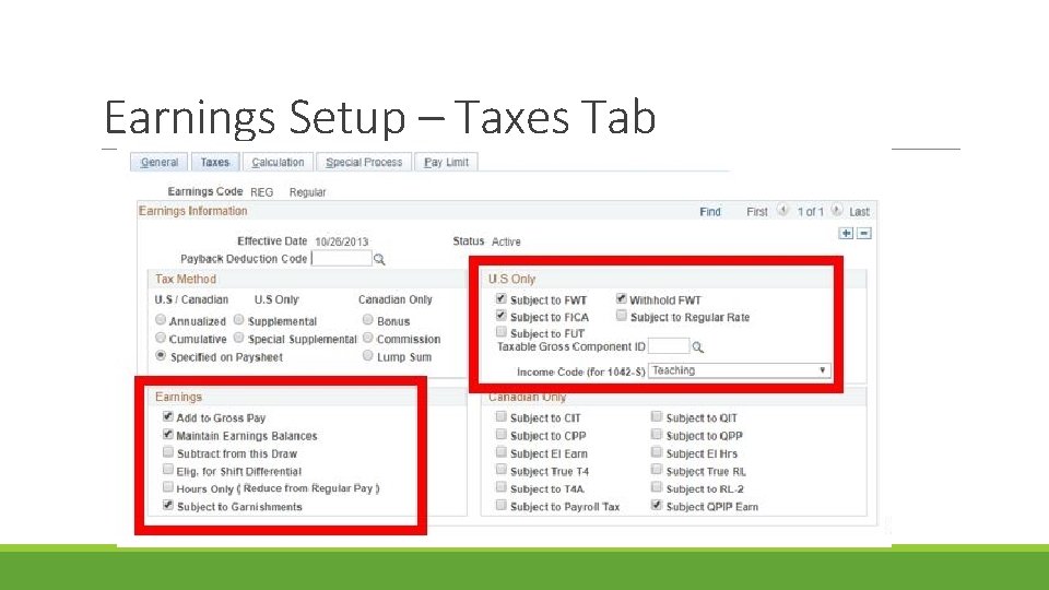 Earnings Setup – Taxes Tab 