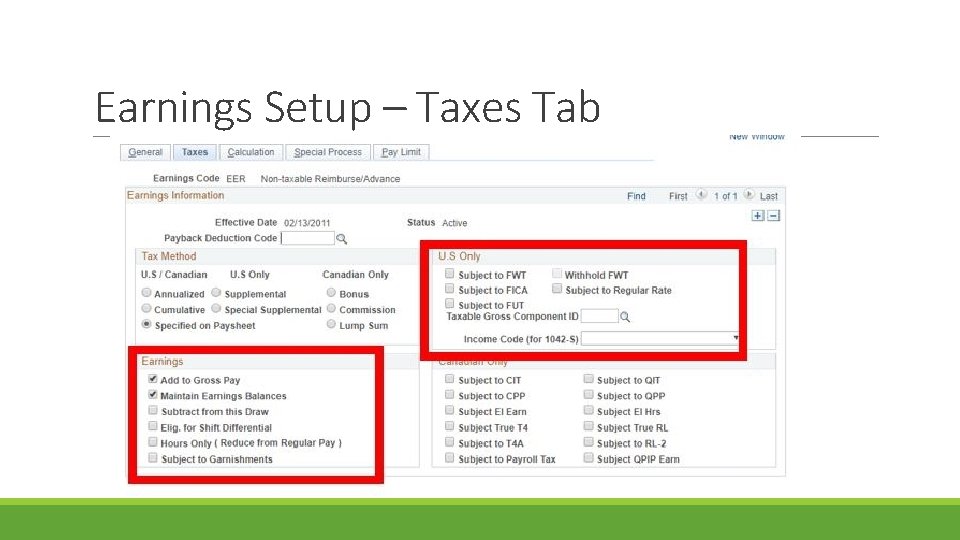 Earnings Setup – Taxes Tab 