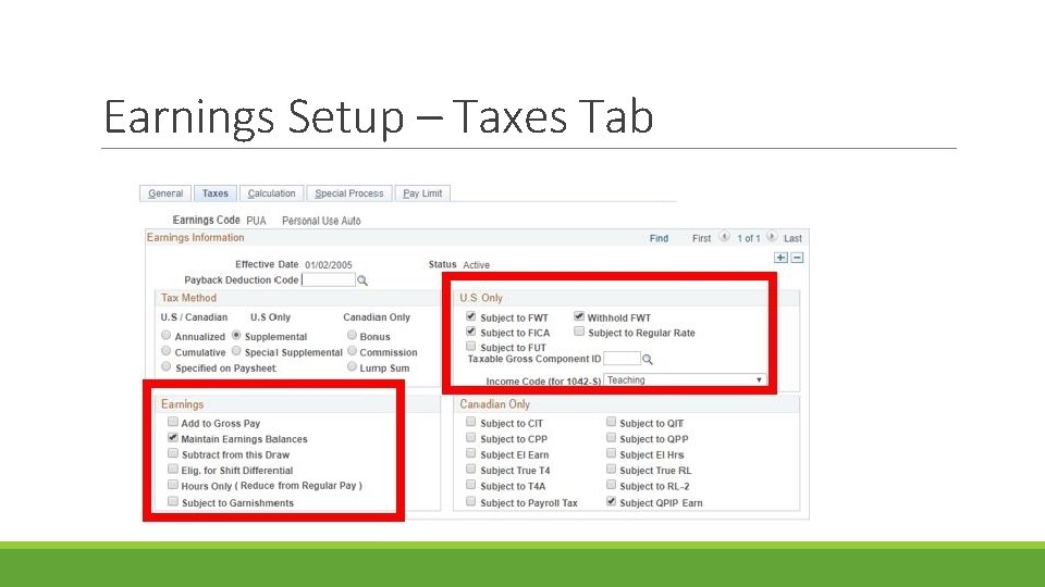 Earnings Setup – Taxes Tab 