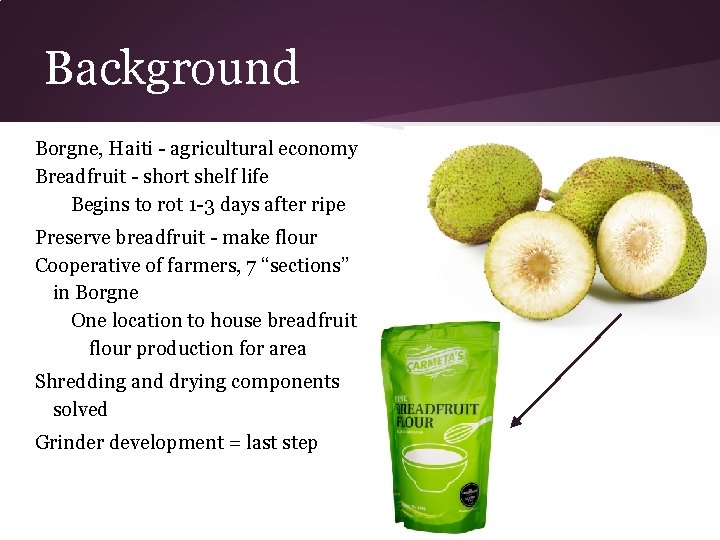 Background Borgne, Haiti - agricultural economy Breadfruit - short shelf life Begins to rot