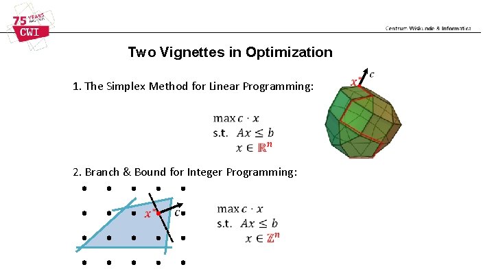Two Vignettes in Optimization 1. The Simplex Method for Linear Programming: 2. Branch &