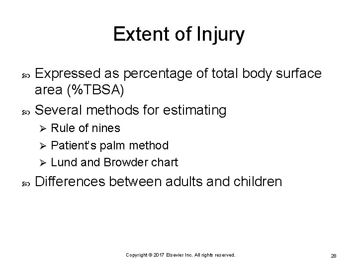 Extent of Injury Expressed as percentage of total body surface area (%TBSA) Several methods