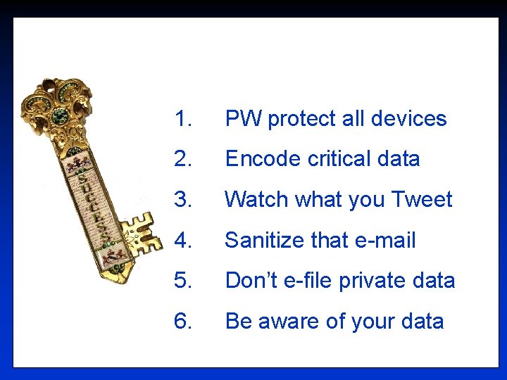 1. PW protect all devices 2. Encode critical data 3. Watch what you Tweet