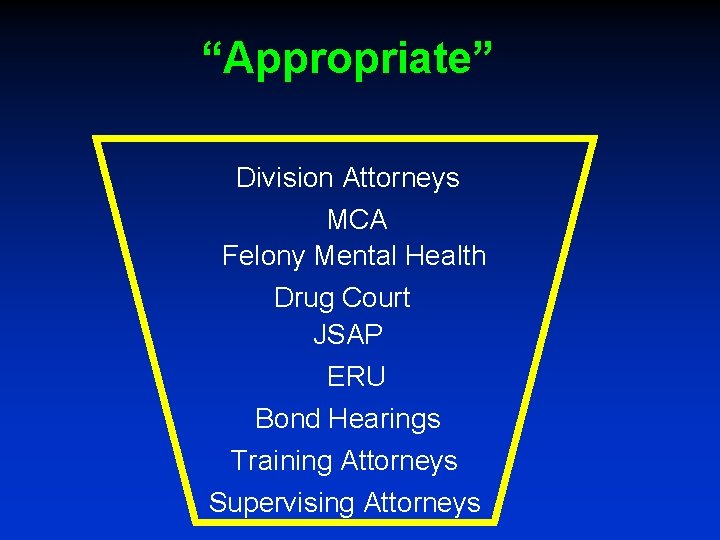 “Appropriate” Division Attorneys MCA Felony Mental Health Drug Court JSAP ERU Bond Hearings Training