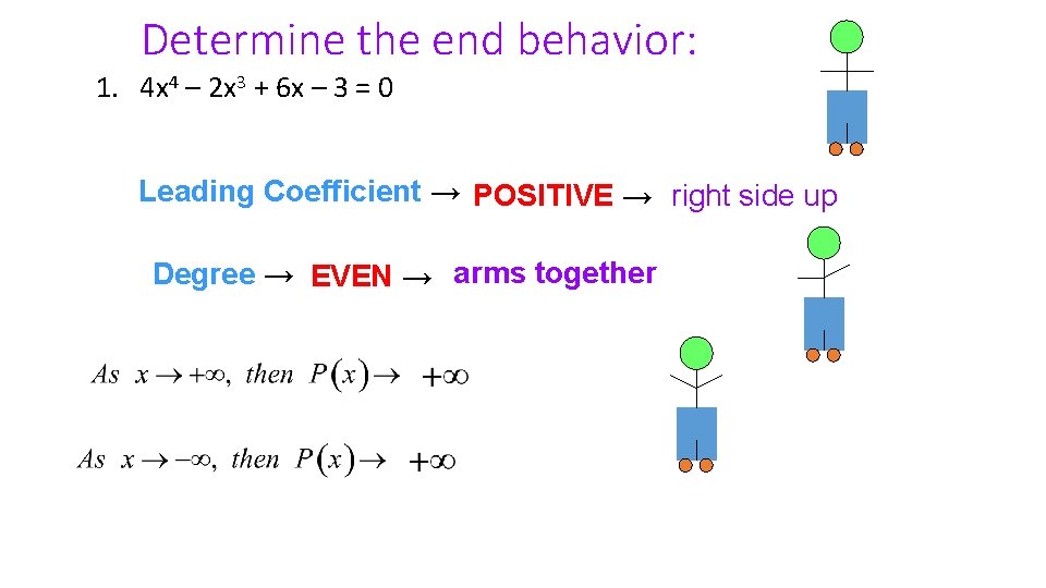 Determine the end behavior: 1. 4 x 4 – 2 x 3 + 6 Determine the end behavior: 1. 4 x 4 – 2 x 3 + 6