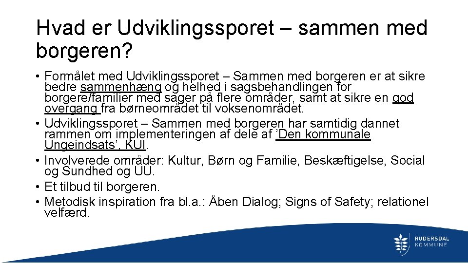 Hvad er Udviklingssporet – sammen med borgeren? • Formålet med Udviklingssporet – Sammen med