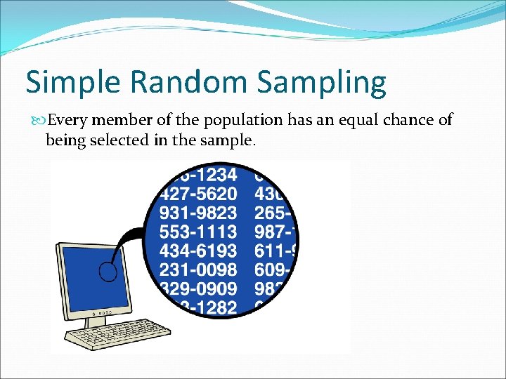 Simple Random Sampling Every member of the population has an equal chance of being