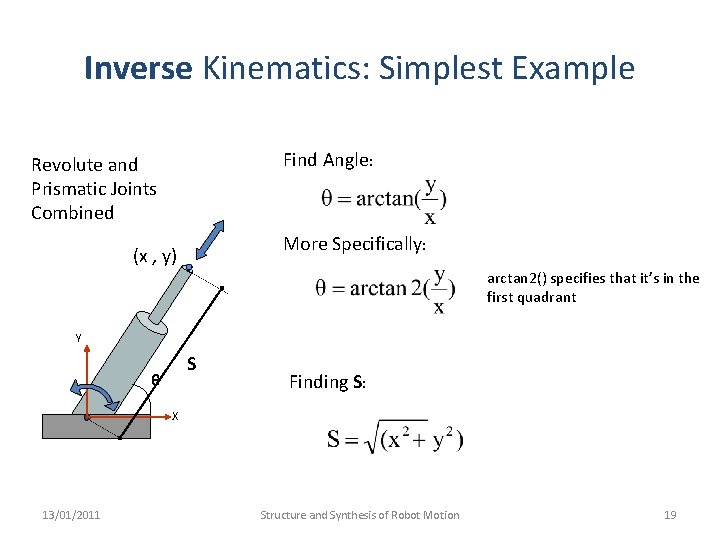 Inverse Kinematics: Simplest Example Find Angle: Revolute and Prismatic Joints Combined More Specifically: (x