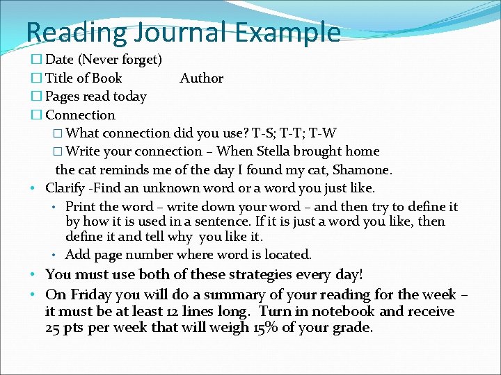 Reading Journal Example � Date (Never forget) � Title of Book Author � Pages