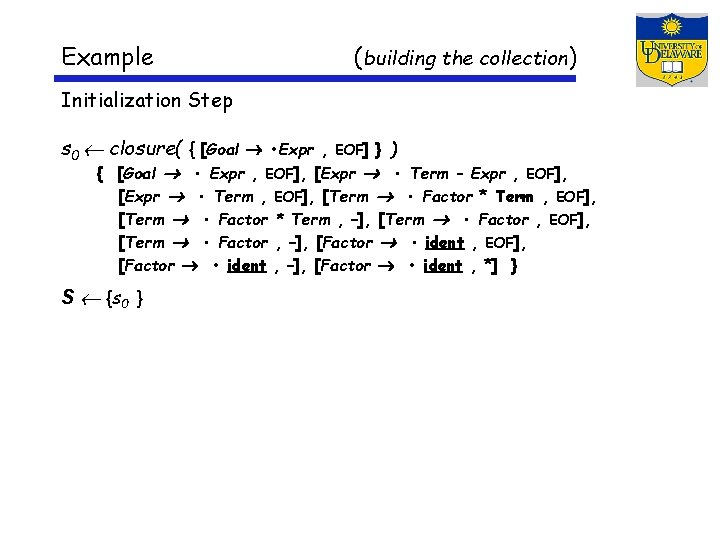 Example (building the collection) Initialization Step s 0 closure( { [Goal • Expr ,