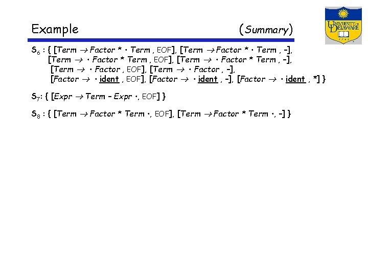 Example ( Summary) S 6 : { [Term Factor * • Term , EOF],