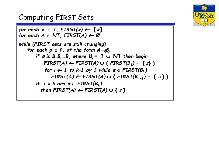 Computing FIRST Sets for each x T, FIRST(x) { x } for each A