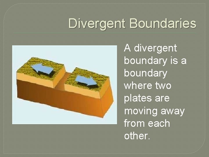 Divergent Boundaries A divergent boundary is a boundary where two plates are moving away Divergent Boundaries A divergent boundary is a boundary where two plates are moving away