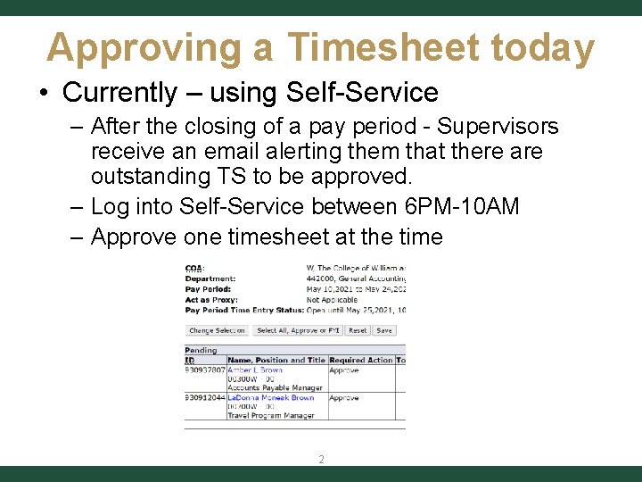 Approving a Timesheet today • Currently – using Self-Service – After the closing of