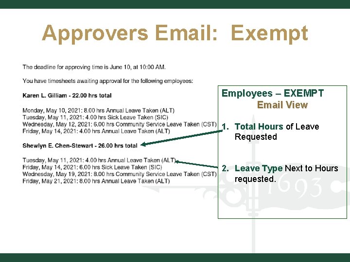 Approvers Email: Exempt Employees – EXEMPT Email View 1. Total Hours of Leave Requested