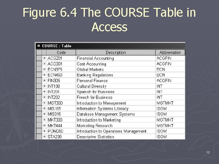 Figure 6. 4 The COURSE Table in Access 12 