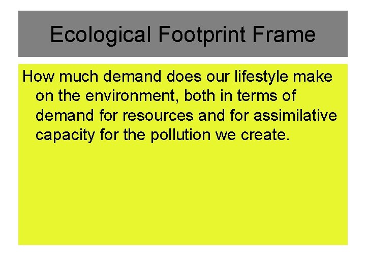 Ecological Footprint Frame How much demand does our lifestyle make on the environment, both