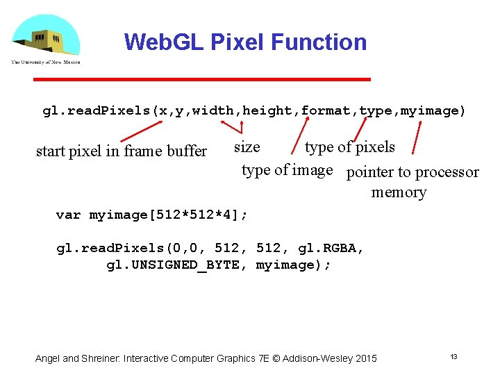 Web. GL Pixel Function gl. read. Pixels(x, y, width, height, format, type, myimage) start