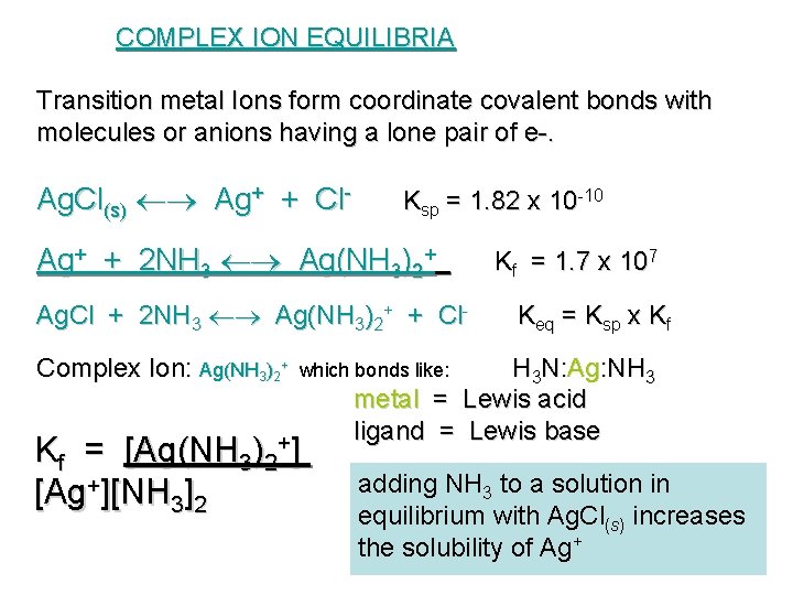 COMPLEX ION EQUILIBRIA Transition metal Ions form coordinate covalent bonds with molecules or anions