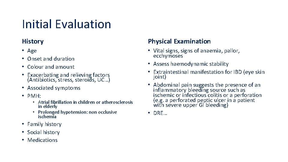 Initial Evaluation History Physical Examination Age Onset and duration Colour and amount Exacerbating and