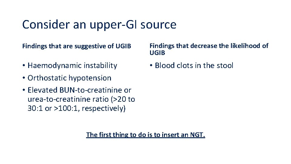 Consider an upper-GI source Findings that are suggestive of UGIB Findings that decrease the