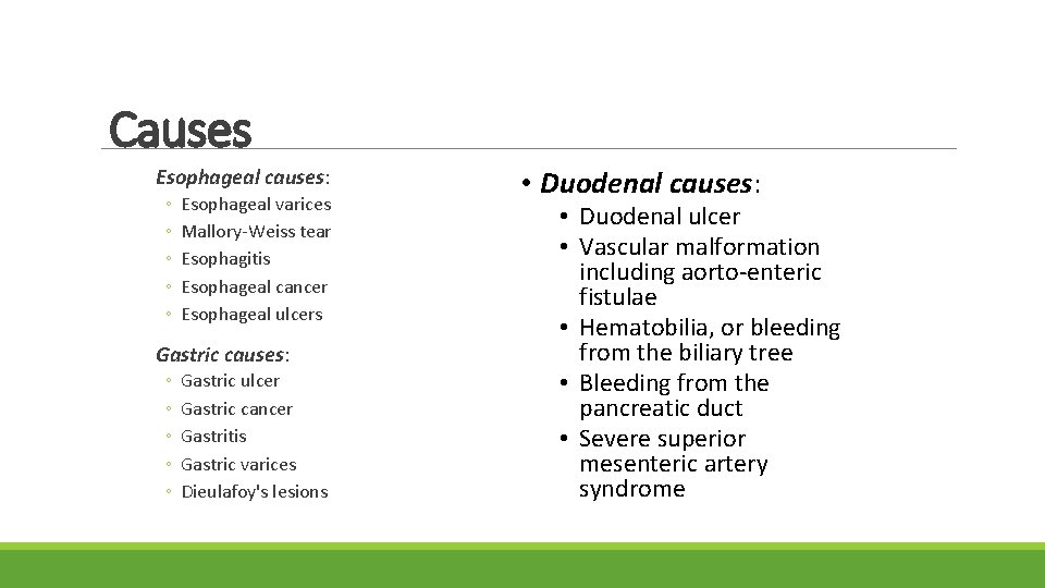 Causes Esophageal causes: ◦ ◦ ◦ Esophageal varices Mallory-Weiss tear Esophagitis Esophageal cancer Esophageal