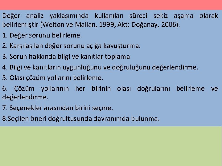 Değer analiz yaklaşımında kullanılan süreci sekiz aşama olarak belirlemiştir (Welton ve Mallan, 1999; Akt: